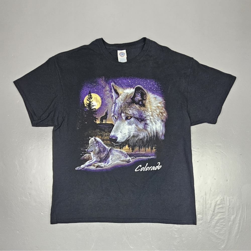 Vintage Delta Wolf‎ Wolves T-Shirt Mens XL Black Colorado Moon Whitney Cummings